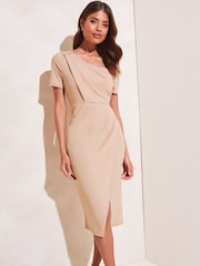Lipsy Camel Short Sleeve Wrap Style Slit Front Bodycon Dress - Image 1 of 4