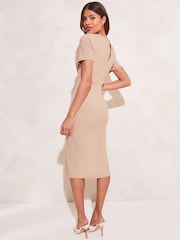 Lipsy Camel Short Sleeve Wrap Style Slit Front Bodycon Dress - Image 2 of 4