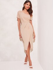Lipsy Camel Short Sleeve Wrap Style Slit Front Bodycon Dress - Image 3 of 4