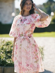 Lipsy White Floral 3D Puff Sleeve Mini Skater Dress - Image 1 of 4
