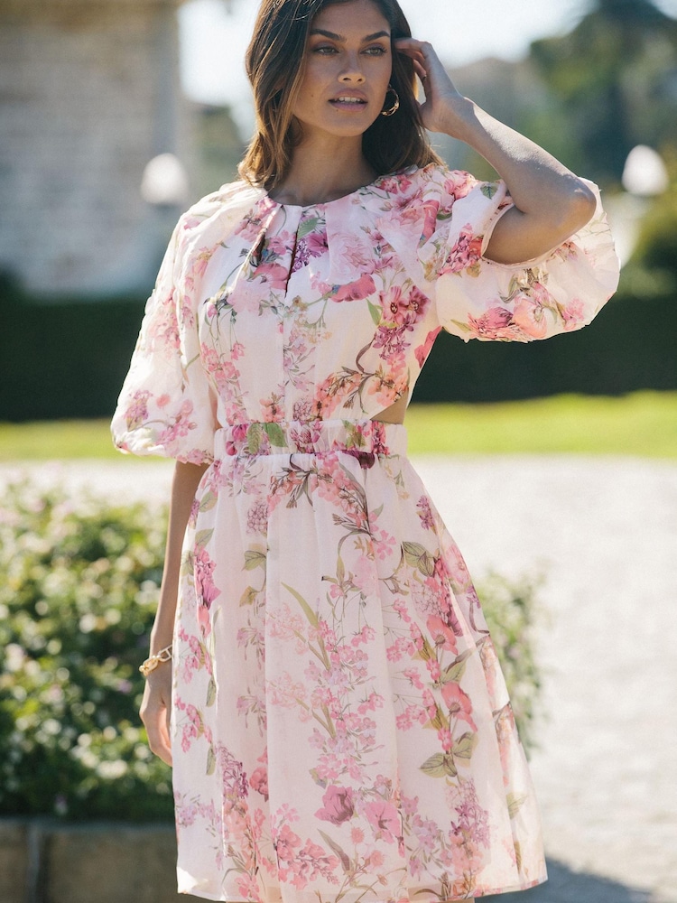 Lipsy White Floral 3D Puff Sleeve Mini Skater Dress - Image 1 of 4