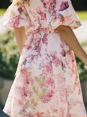 Lipsy White Floral 3D Puff Sleeve Mini Skater Dress - Image 2 of 4