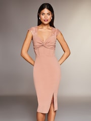 Lipsy Nude Eyelash Short Sleeve Corset Bodycon Dress - Image 1 of 4