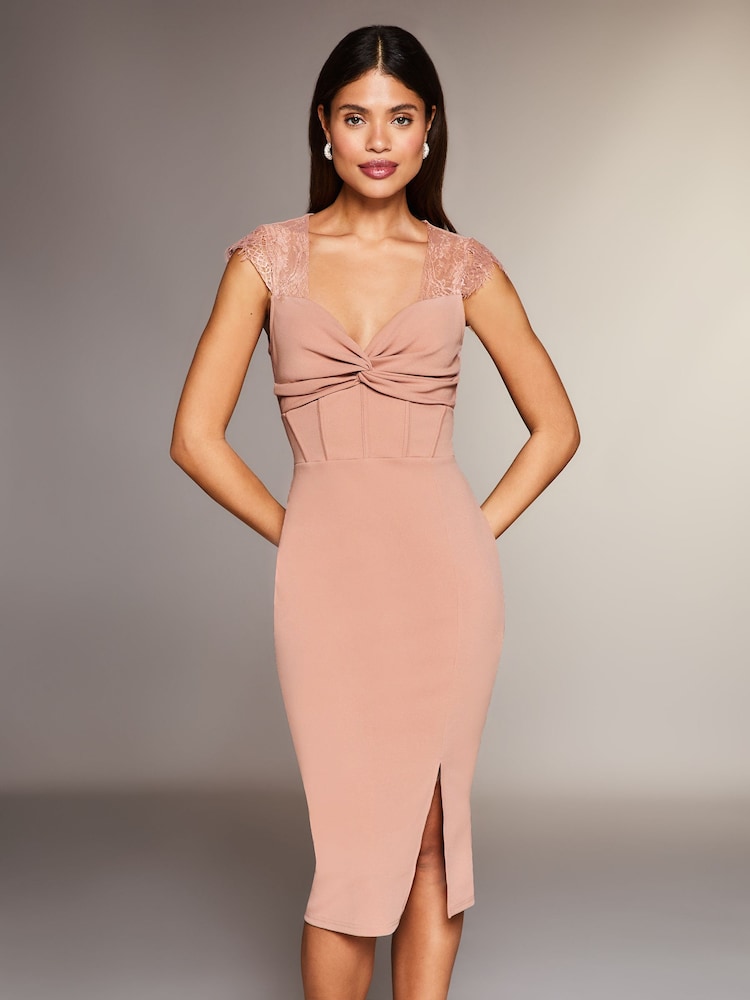 Lipsy Nude Eyelash Short Sleeve Corset Bodycon Dress - Image 1 of 4