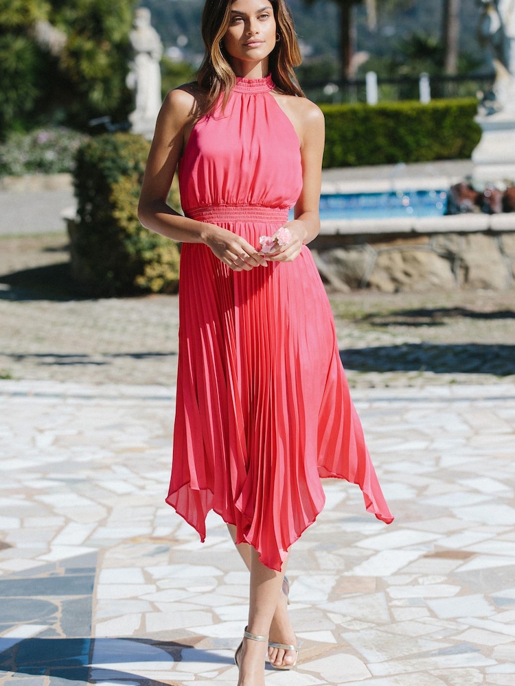 Lipsy Pink Halter Pleated High Neck Midi Dress - Image 1 of 4