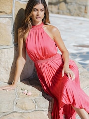 Lipsy Pink Halter Pleated High Neck Midi Dress - Image 4 of 4