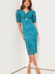 Lipsy Blue Lace Puff Sleeve Cut Out Midi Dress - Image 1 of 4