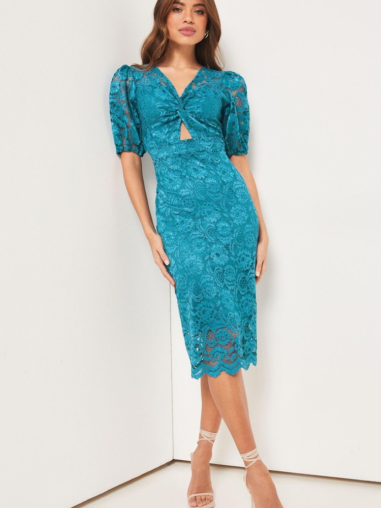Lipsy Blue Lace Puff Sleeve Cut Out Midi Dress - Image 1 of 4