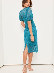 Lipsy Blue Lace Puff Sleeve Cut Out Midi Dress - Image 2 of 4