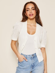 Friends Like These Ivory White Short Sleeve Button Up Pointelle Knitted Cardigan - Image 1 of 4