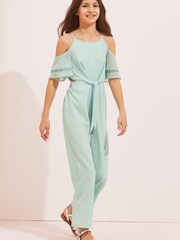 Lipsy Green Cold Shoulder Trim Wide Leg Jumpsuit - Image 1 of 4