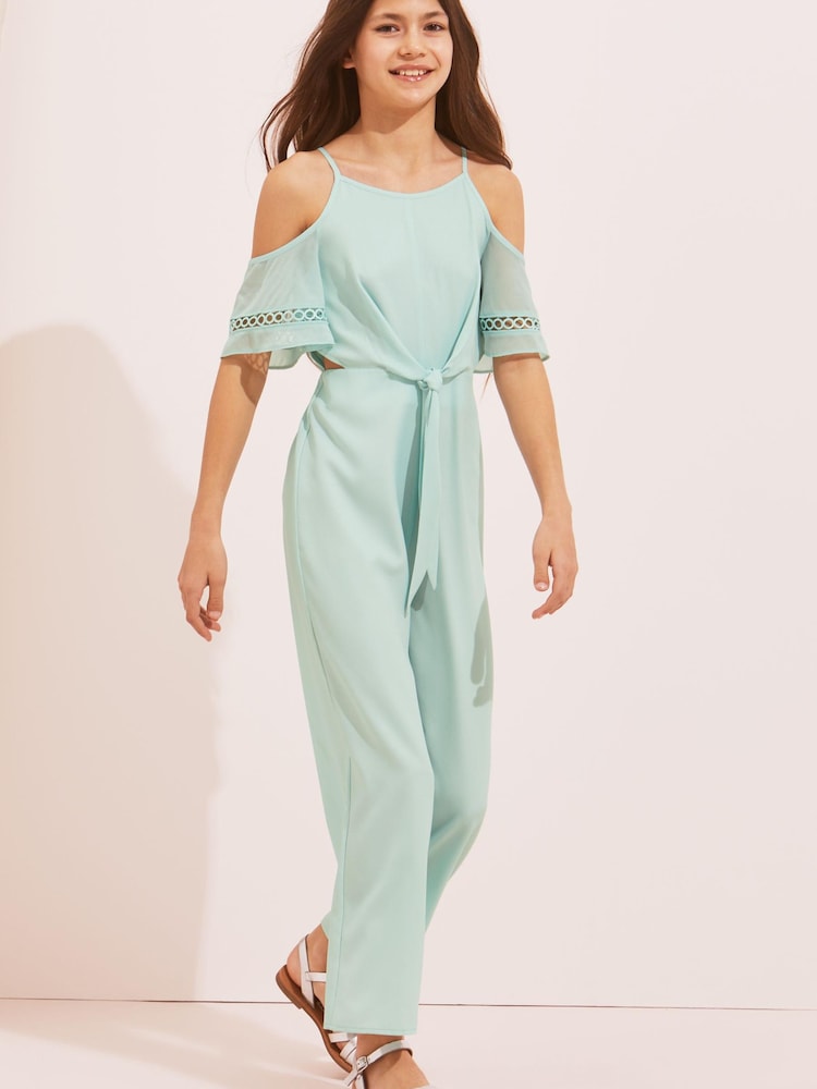 Lipsy Green Cold Shoulder Trim Wide Leg Jumpsuit - Image 1 of 4 Lipsy Green Cold Shoulder Trim Wide Leg Jumpsuit - Image 1 of 4