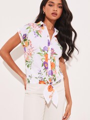 Lipsy Purple Print Short Sleeved Tie Front Button Up Shirt - Image 1 of 4