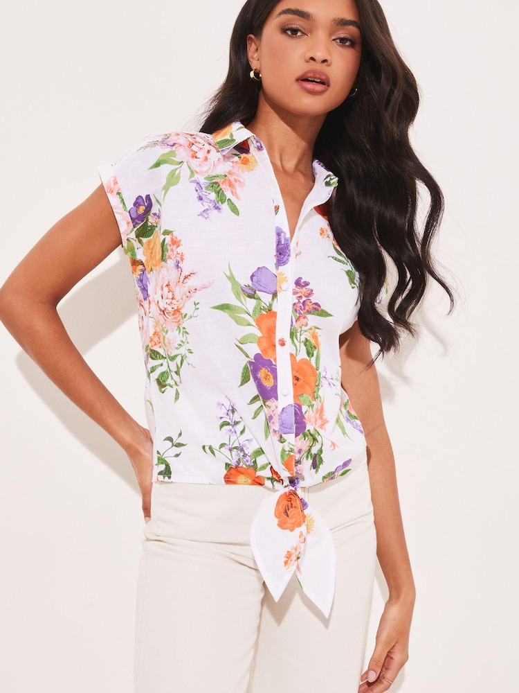 Lipsy Purple Print Short Sleeved Tie Front Button Up Shirt - Image 1 of 4