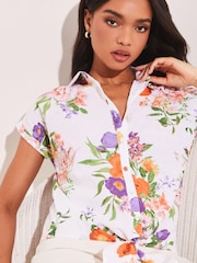 Lipsy Purple Print Short Sleeved Tie Front Button Up Shirt - Image 4 of 4