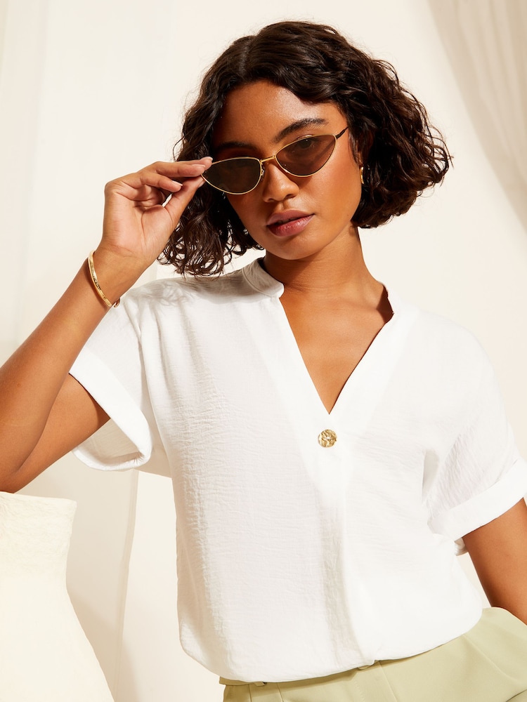Friends Like These Ivory White V Neck Roll Sleeve Button Blouse - Image 1 of 4