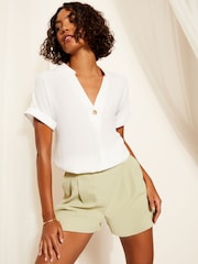 Friends Like These Ivory White V Neck Roll Sleeve Button Blouse - Image 3 of 4