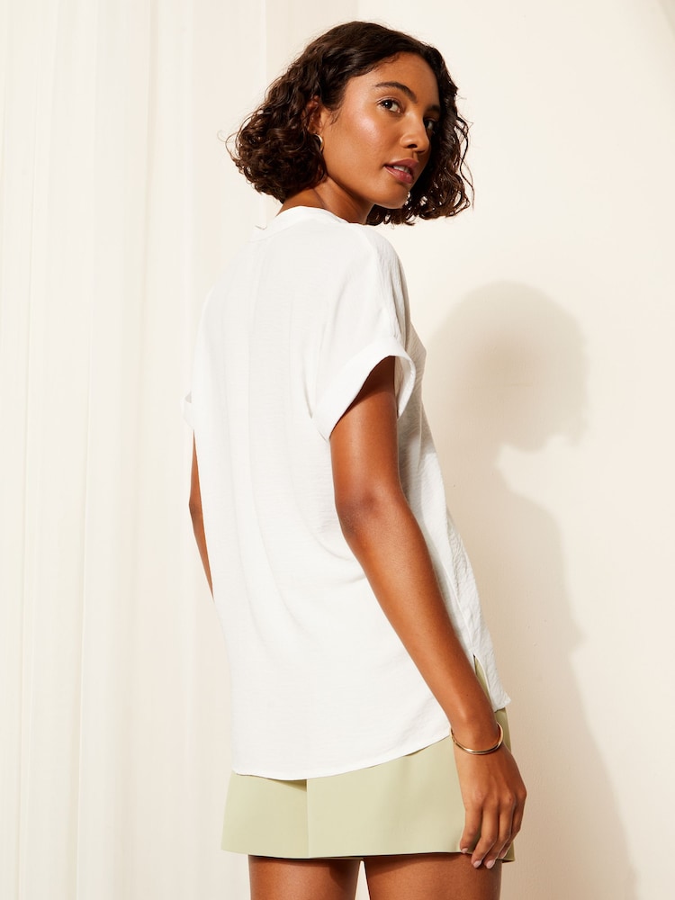 Friends Like These Ivory White V Neck Roll Sleeve Button Blouse - Image 4 of 4