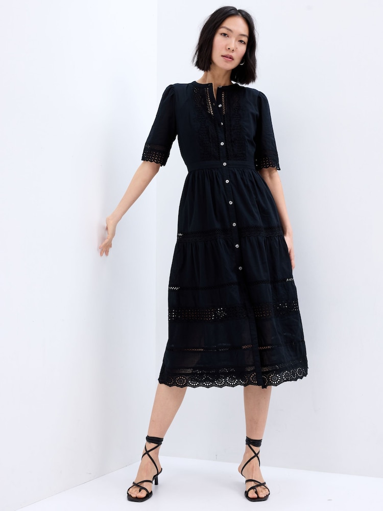 Gap Black Lace Button-Up Short Sleeve Midi Dress - Image 1 of 3 Gap Black Lace Button-Up Short Sleeve Midi Dress - Image 1 of 3