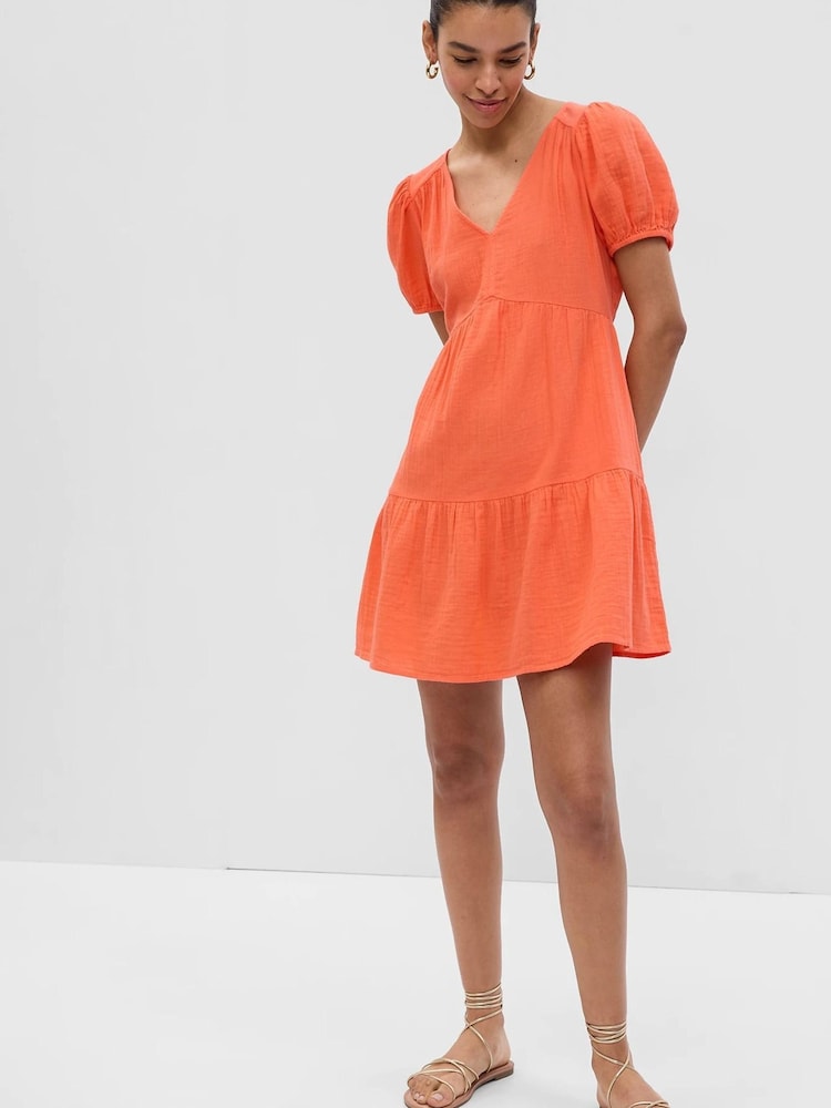 Gap Orange Crinkle Gauze Puff Sleeve Tiered Mini Dress - Image 1 of 3