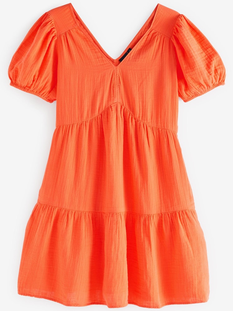 Gap Orange Crinkle Gauze Puff Sleeve Tiered Mini Dress - Image 3 of 3