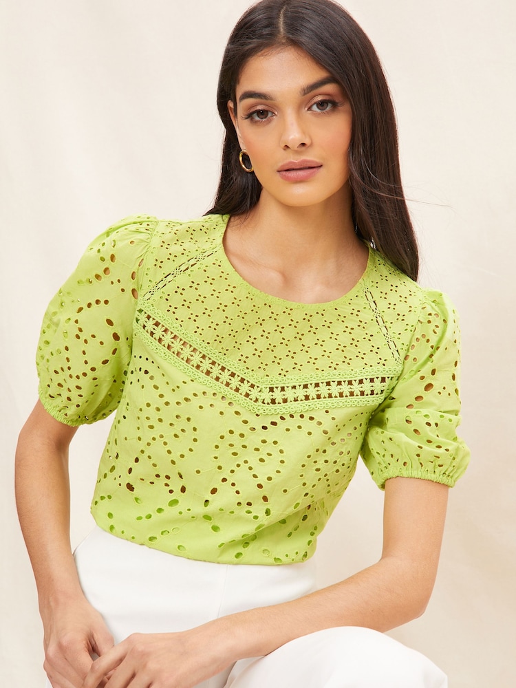 Friends Like These Lime Short Sleeve Broderie Top - Image 1 of 4 Friends Like These Lime Short Sleeve Broderie Top - Image 1 of 4