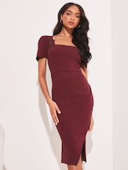 Lipsy Berry Red Lace Bodycon Square Neck Short Sleeve Midi Dress - Image 1 of 4