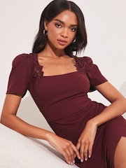 Lipsy Berry Red Lace Bodycon Square Neck Short Sleeve Midi Dress - Image 4 of 4