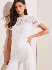 Lipsy White Lace Short Sleeve Sweetheart Top - Image 1 of 4