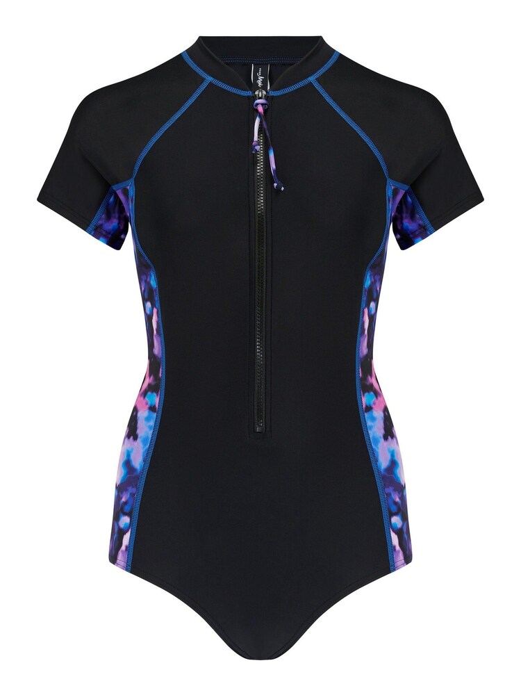 Pour Moi Black Tie Dye Energy Short Sleeved Zip Front Paddle Swimsuit - Image 4 of 5