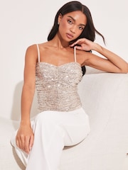 Lipsy Gold Sequin Ruched Corset Cami Top - Image 1 of 4