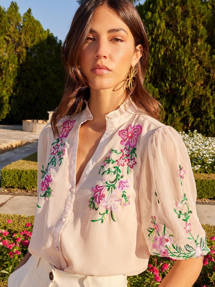 V&A | Love & Roses Pink Floral Embroidered Ruffle V Neck Button Through Blouse - Image 1 of 4