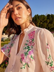 V&A | Love & Roses Pink Floral Embroidered Ruffle V Neck Button Through Blouse - Image 4 of 4