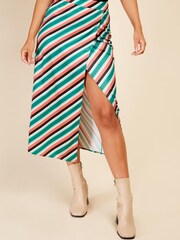 Little Mistress Green Multi Stripe Mock Wrap Midi Skirt - Image 2 of 4