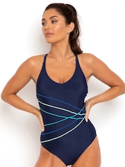 Pour Moi Navy Blue/ Aqua Energy Chlorine Resistant Recycled V Neck Linear Swimsuit - Image 1 of 5