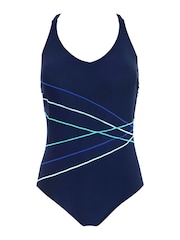 Pour Moi Navy Blue/ Aqua Energy Chlorine Resistant Recycled V Neck Linear Swimsuit - Image 4 of 5