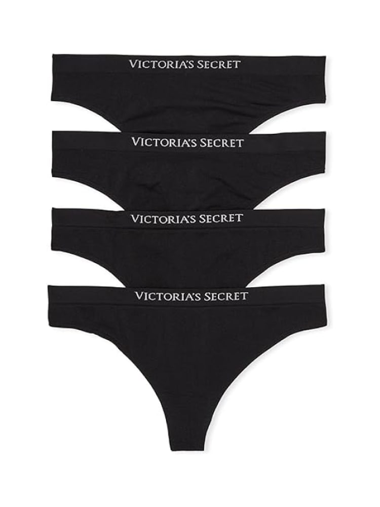 Victoria's Secret Black Thong Logo 4 Pack Knickers - Image 1 of 3 Victoria's Secret Black Thong Logo 4 Pack Knickers - Image 1 of 3