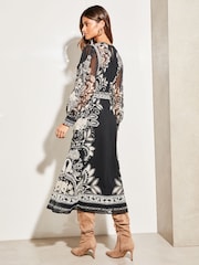 Lipsy Black White Petite Placement Print Long Sleeve Midi Dress - Image 2 of 3