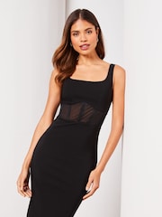 Lipsy Black Sleeveless Corset Mesh Square Neck Midi Dress - Image 3 of 4