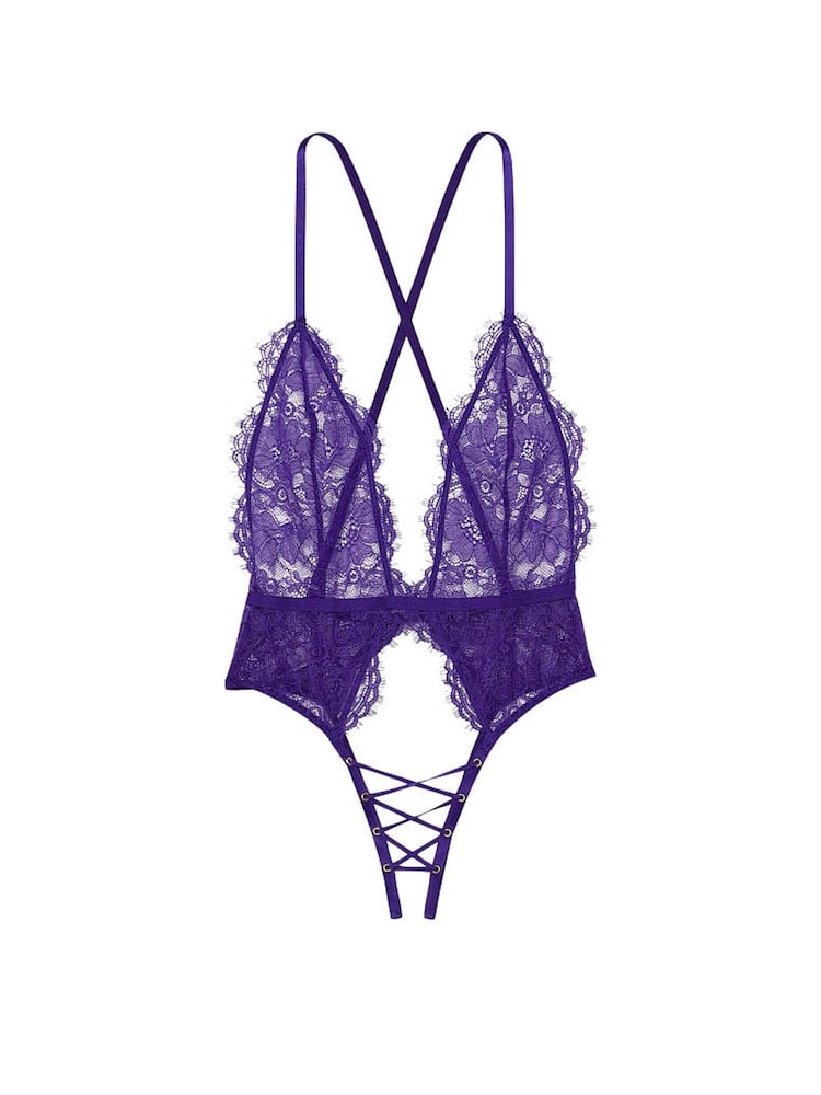 Victoria's Secret Brilliant Purple Lace Crotchless Bodysuit - Image 3 of 3