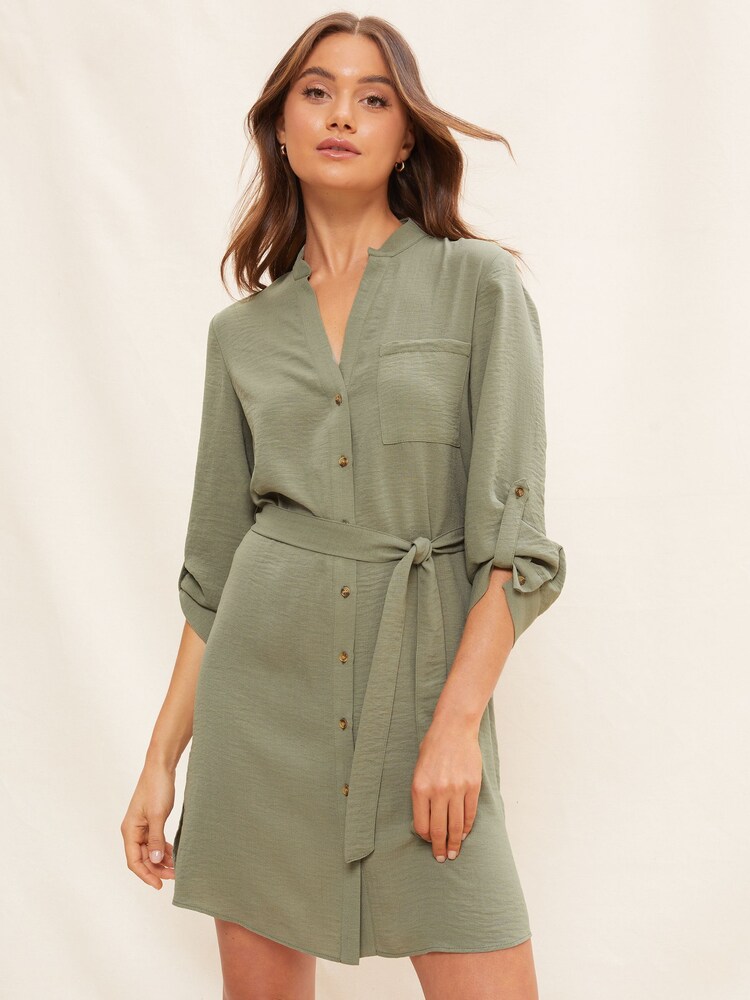 Friends Like These Khaki Green Tie Belted Mini Shirt Dress - Image 1 of 1 Friends Like These Khaki Green Tie Belted Mini Shirt Dress - Image 1 of 1
