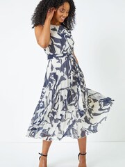 Roman Blue & White Petite Sleeveless Floral Chiffon Dress - Image 1 of 5