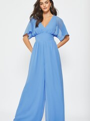 Maya Blue Wide Leg Angel Sleeve Jumpsuit with Open Back - Image 1 of 4