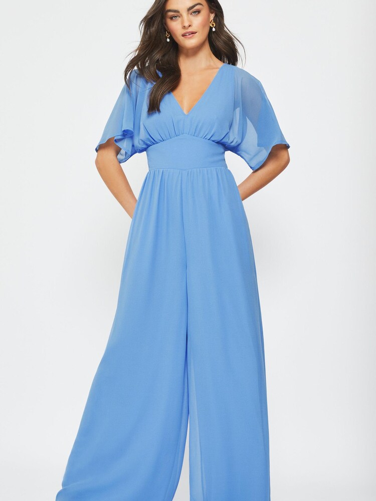 Maya Blue Wide Leg Angel Sleeve Jumpsuit with Open Back - Image 1 of 4