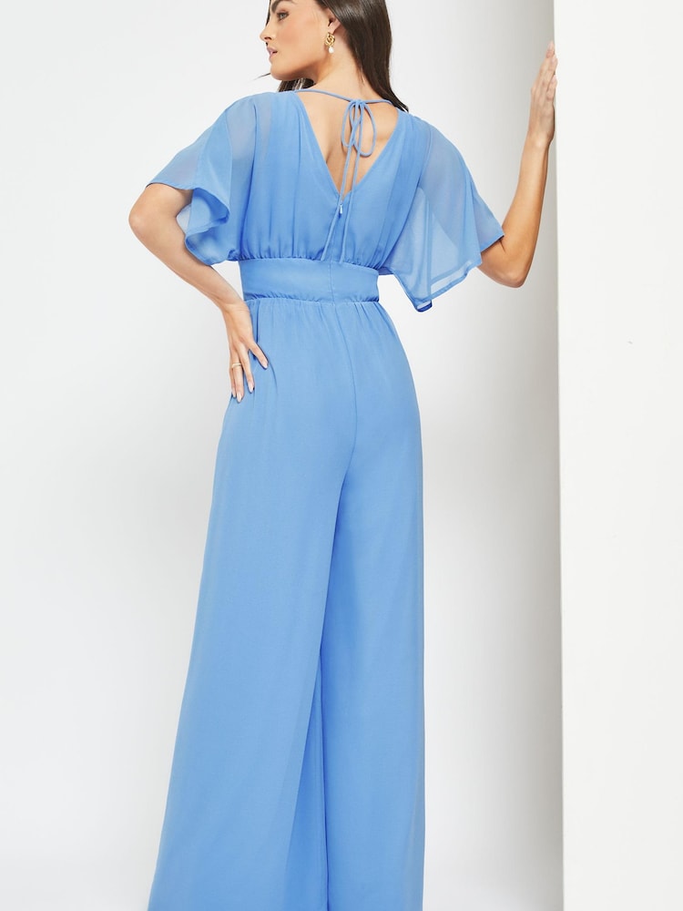 Maya Blue Wide Leg Angel Sleeve Jumpsuit with Open Back - Image 2 of 4