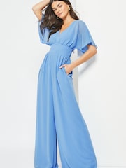 Maya Blue Wide Leg Angel Sleeve Jumpsuit with Open Back - Image 3 of 4