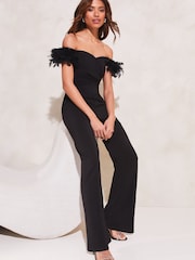 Lipsy Black Feather Bardot Off Shoulder Flare Leg Jumpsuit - Image 1 of 4
