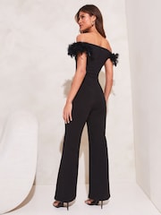 Lipsy Black Feather Bardot Off Shoulder Flare Leg Jumpsuit - Image 2 of 4