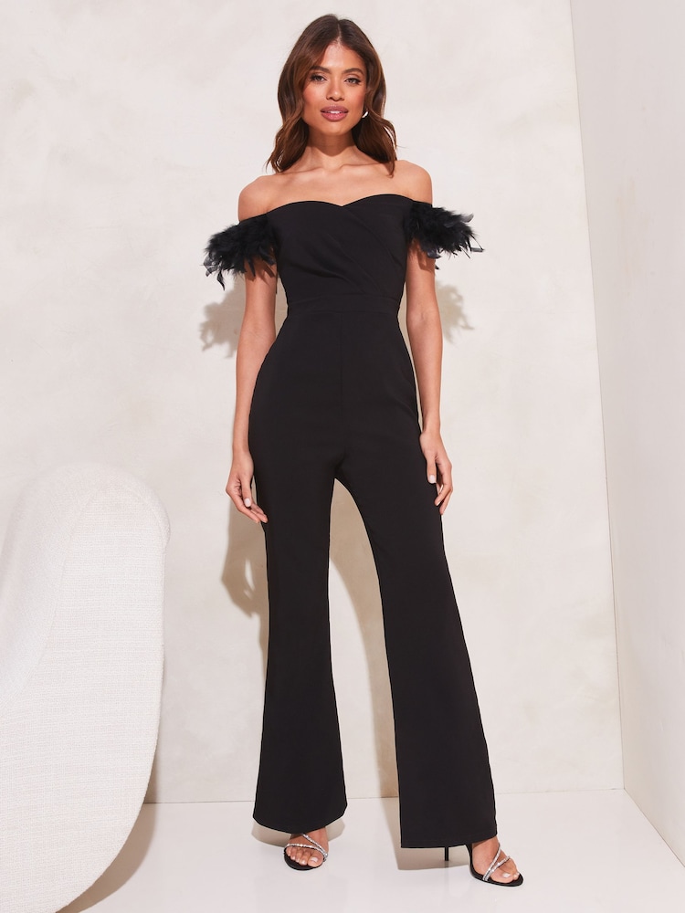 Lipsy Black Feather Bardot Off Shoulder Flare Leg Jumpsuit - Image 3 of 4