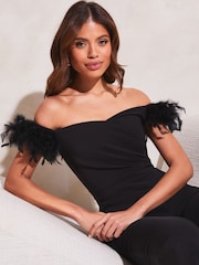 Lipsy Black Feather Bardot Off Shoulder Flare Leg Jumpsuit - Image 4 of 4